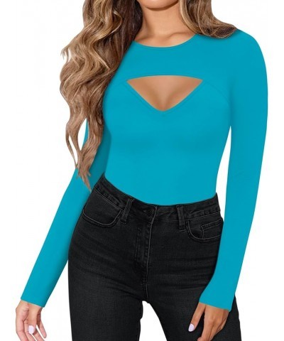 Womens Long Sleeve Tops Cut Out Front Ribbed Fitted Sexy Casual Dressy Fall Tee T-Shirts Tshirt F Blue $14.78 T-Shirts