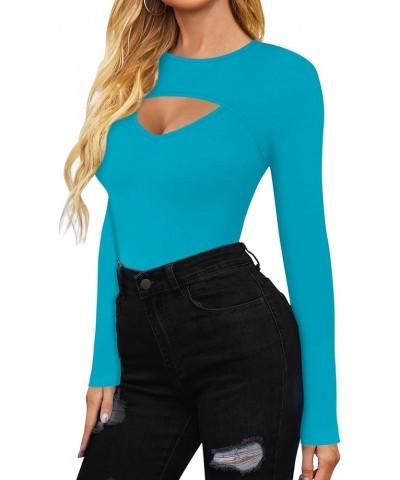 Womens Long Sleeve Tops Cut Out Front Ribbed Fitted Sexy Casual Dressy Fall Tee T-Shirts Tshirt F Blue $14.78 T-Shirts