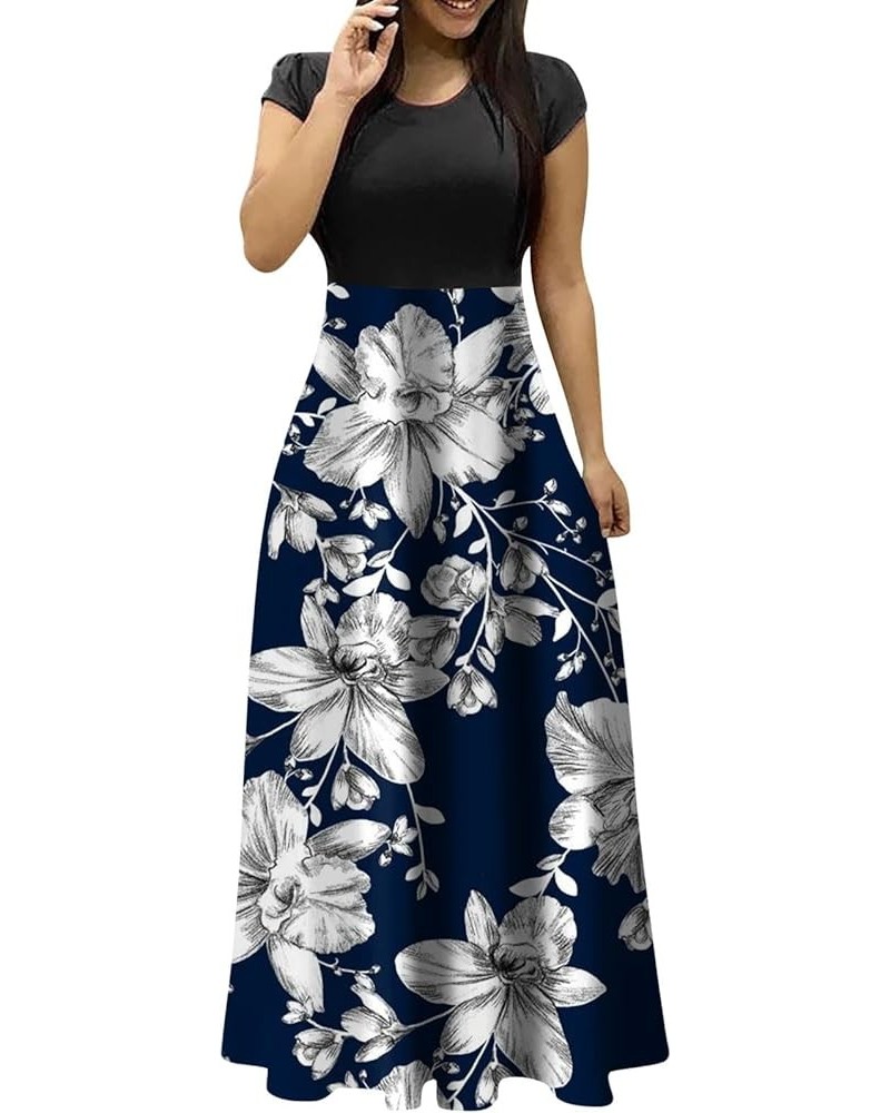 Womens Short Sleeve Empire Waist Floral Maxi Dress 2024 Spring Summer Fashion Casual Plus Size Dresses B-white $9.71 Activewear