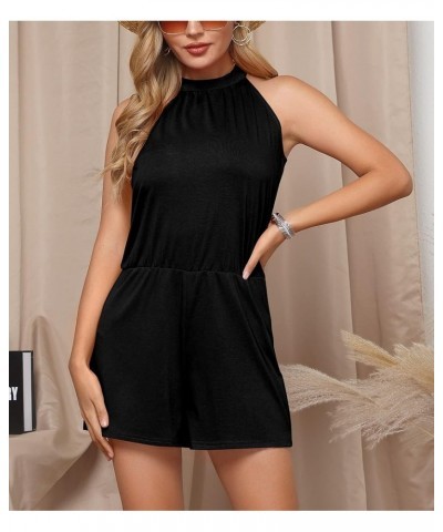 Women Summer Floral Print Sleeveless Beach Rompers Solid Black $11.72 Jumpsuits