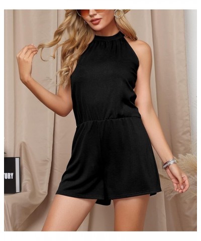 Women Summer Floral Print Sleeveless Beach Rompers Solid Black $11.72 Jumpsuits