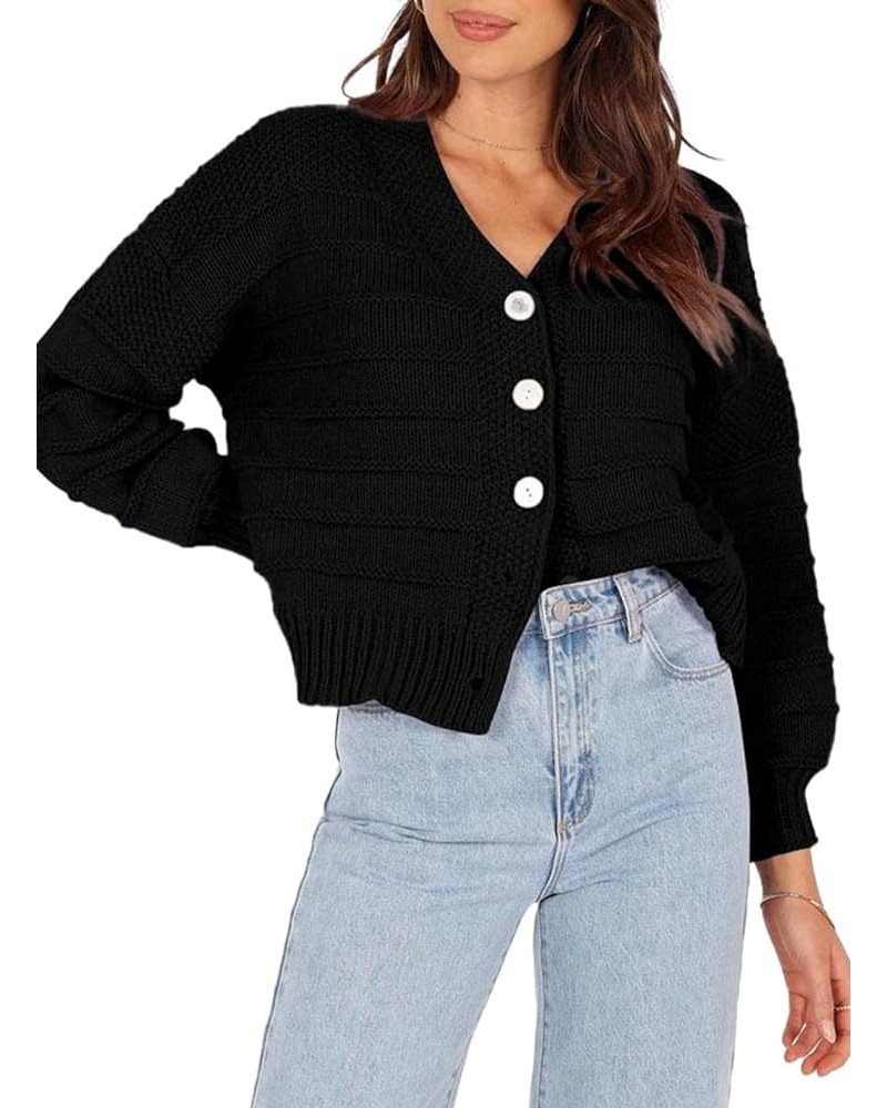 Womens 2023 Short Cardigan Sweaters V Neck Open Front Button Down Long Sleeve Casual Chunky Knit Shirt Outerwear Black $15.19...