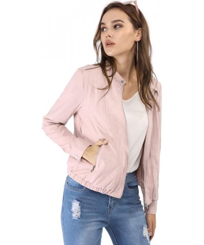 Women's Lightweight Classic Casual Stand Collar Pocket Short Biker Moto Jacket Pink $28.79 Jackets