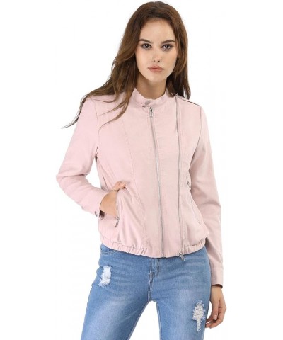 Women's Lightweight Classic Casual Stand Collar Pocket Short Biker Moto Jacket Pink $28.79 Jackets