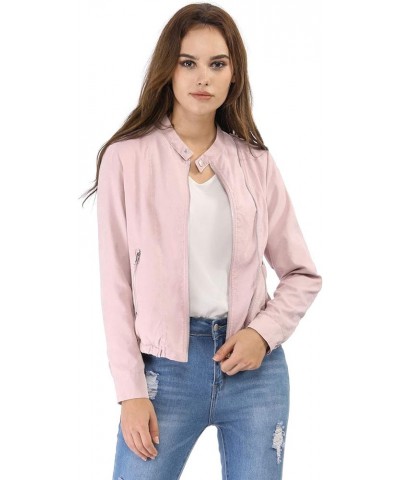 Women's Lightweight Classic Casual Stand Collar Pocket Short Biker Moto Jacket Pink $28.79 Jackets