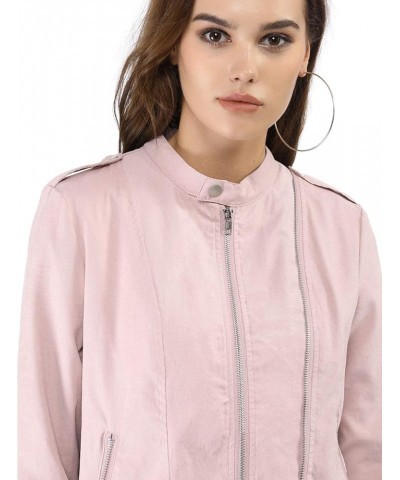 Women's Lightweight Classic Casual Stand Collar Pocket Short Biker Moto Jacket Pink $28.79 Jackets