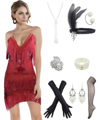 Women Tassel Fringe Sling Cami Dresses Sleevelss Flapper Bodycon Mini Dresses w/ 20s Accessories Set Wine Red $30.63 Dresses