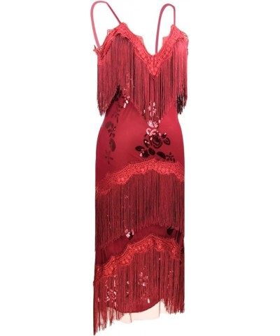 Women Tassel Fringe Sling Cami Dresses Sleevelss Flapper Bodycon Mini Dresses w/ 20s Accessories Set Wine Red $30.63 Dresses