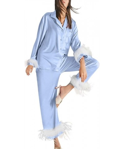 Pajamas for Women Soft Comfy Silk Pajamas With Feathers Silk Pajama Pants Women Sexy Pajama Set Silk Pijamas Blue-2 $9.02 Sle...