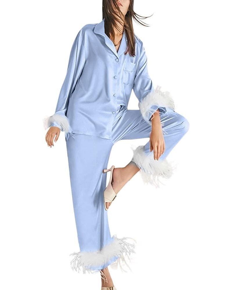 Pajamas for Women Soft Comfy Silk Pajamas With Feathers Silk Pajama Pants Women Sexy Pajama Set Silk Pijamas Blue-2 $9.02 Sle...