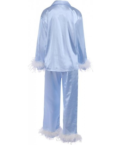 Pajamas for Women Soft Comfy Silk Pajamas With Feathers Silk Pajama Pants Women Sexy Pajama Set Silk Pijamas Blue-2 $9.02 Sle...