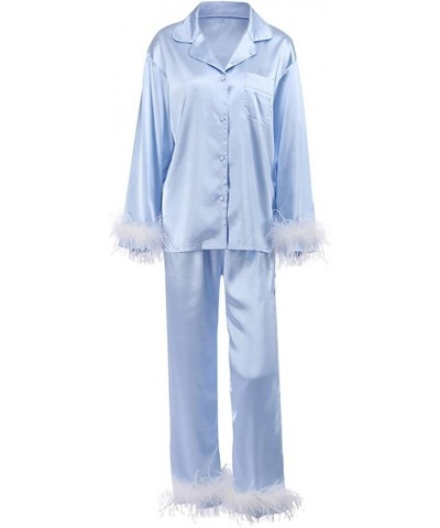 Pajamas for Women Soft Comfy Silk Pajamas With Feathers Silk Pajama Pants Women Sexy Pajama Set Silk Pijamas Blue-2 $9.02 Sle...