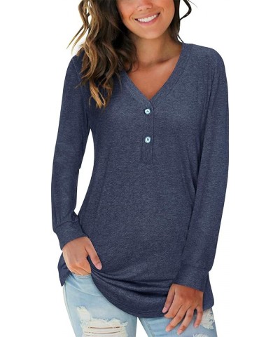 Women's V Neck Long Sleeve Shirts Button Down Tunic Blouses Fall Basic Tops Tee 2023 B-blue-102 $14.03 Tops