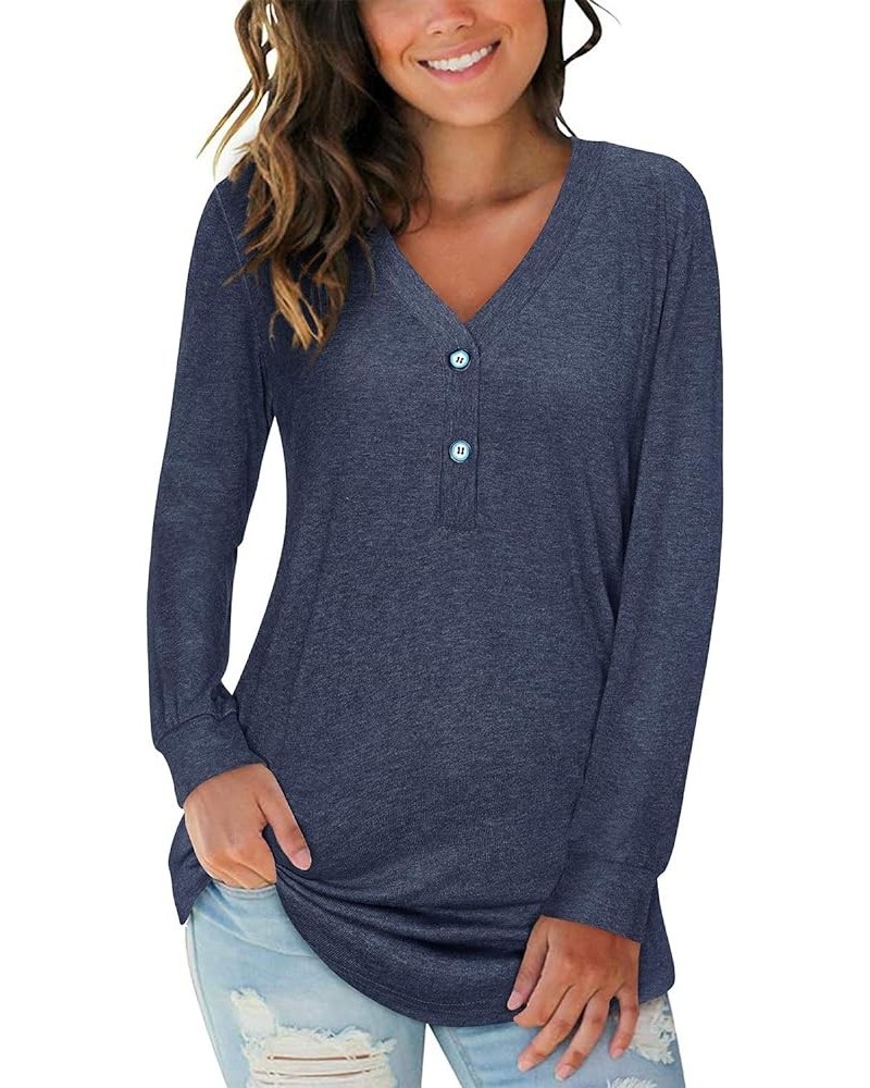 Women's V Neck Long Sleeve Shirts Button Down Tunic Blouses Fall Basic Tops Tee 2023 B-blue-102 $14.03 Tops