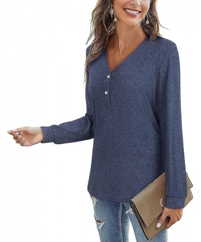 Women's V Neck Long Sleeve Shirts Button Down Tunic Blouses Fall Basic Tops Tee 2023 B-blue-102 $14.03 Tops