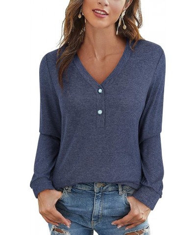 Women's V Neck Long Sleeve Shirts Button Down Tunic Blouses Fall Basic Tops Tee 2023 B-blue-102 $14.03 Tops