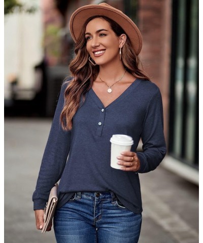 Women's V Neck Long Sleeve Shirts Button Down Tunic Blouses Fall Basic Tops Tee 2023 B-blue-102 $14.03 Tops