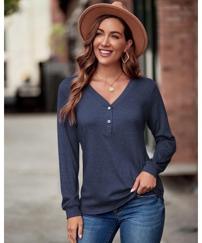 Women's V Neck Long Sleeve Shirts Button Down Tunic Blouses Fall Basic Tops Tee 2023 B-blue-102 $14.03 Tops