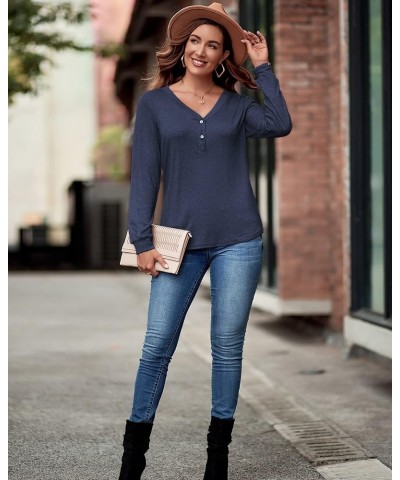 Women's V Neck Long Sleeve Shirts Button Down Tunic Blouses Fall Basic Tops Tee 2023 B-blue-102 $14.03 Tops