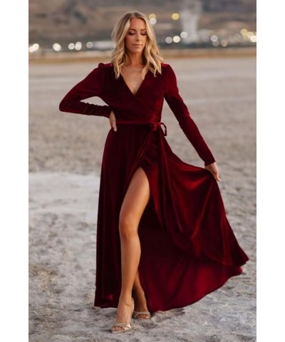 Women’s 2024 Long Sleeve Velvet Bridesmaid Dresses V-Neck Formal Evening Gowns with Slit Khaki $28.38 Dresses