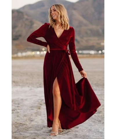 Women’s 2024 Long Sleeve Velvet Bridesmaid Dresses V-Neck Formal Evening Gowns with Slit Khaki $28.38 Dresses