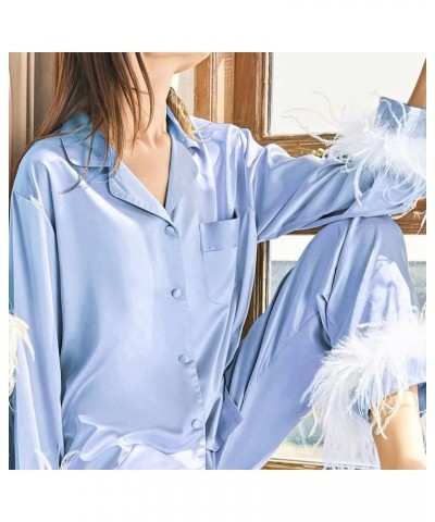 Pajamas for Women Soft Comfy Silk Pajamas With Feathers Silk Pajama Pants Women Sexy Pajama Set Silk Pijamas Blue-2 $9.02 Sle...