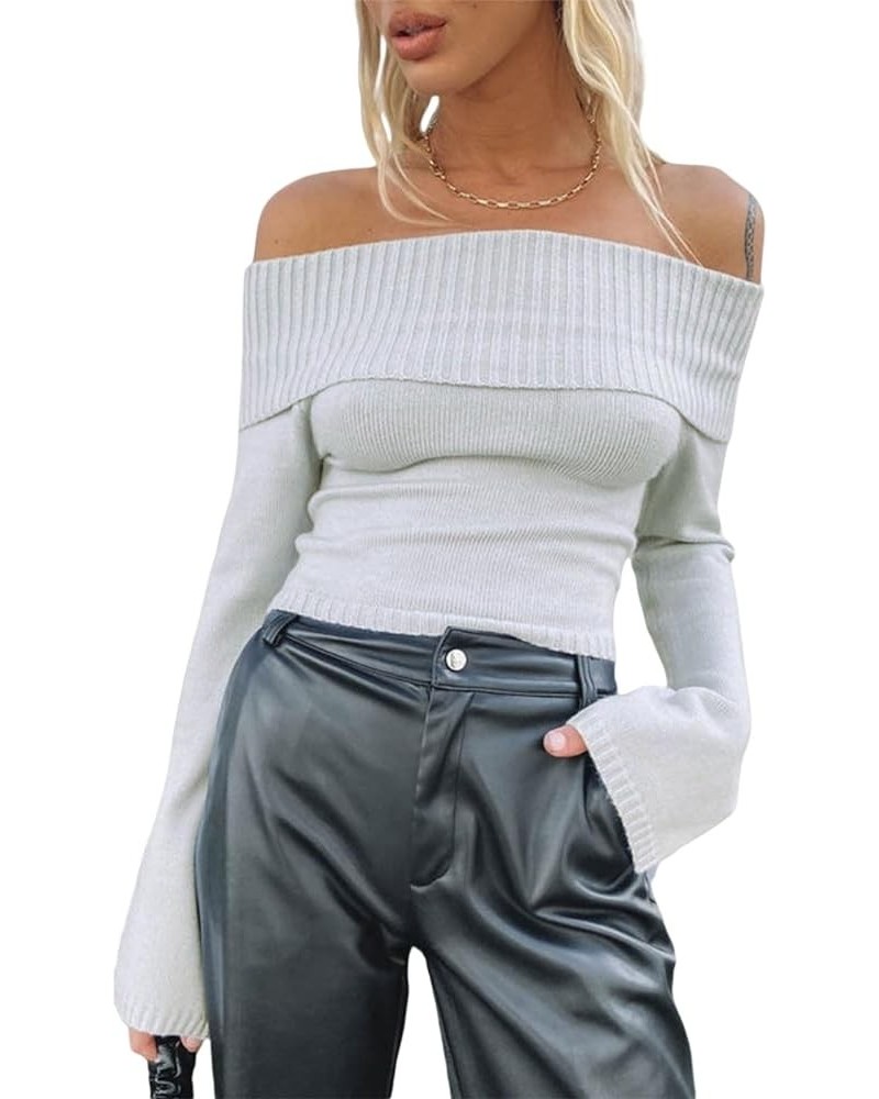 Women Y2k Off The Shoulder Knit Top Sexy Long Sleeve Slim Fit Crop Tees Shirt Pullover Sweater Top Streetwear Y-grey $14.24 S...