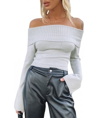 Women Y2k Off The Shoulder Knit Top Sexy Long Sleeve Slim Fit Crop Tees Shirt Pullover Sweater Top Streetwear Y-grey $14.24 S...