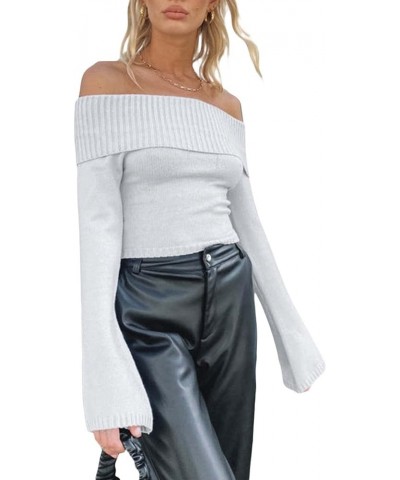 Women Y2k Off The Shoulder Knit Top Sexy Long Sleeve Slim Fit Crop Tees Shirt Pullover Sweater Top Streetwear Y-grey $14.24 S...