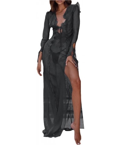 Sexy V Neck Black Perspective Ruffle Dress Summer 2023 Elegant Long Sleeve Split Party Maxi Dresses Going Out Black $13.23 Dr...