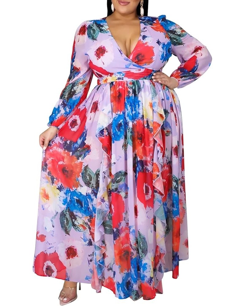 Women's Casual Deep V Neck Chiffon Floral Printed Long Sleeve Boho Dresses Flowy Wrap Maxi Dress with Belt S-5XL D5511 $26.09...