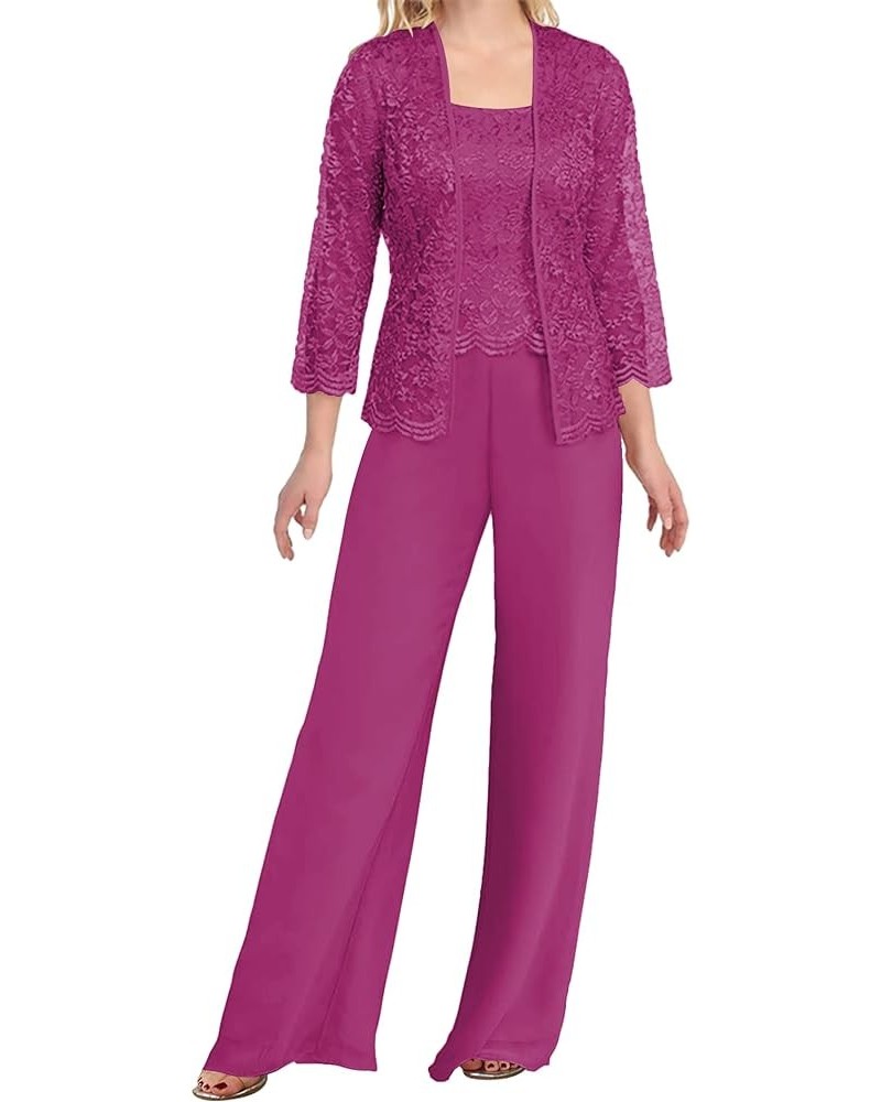 Mother of The Bride Pants Suits 3 Pieces Evening Formal Dresses for Wedding Guest Groom Dress Lace Jacket Women's Fuchsia $40...