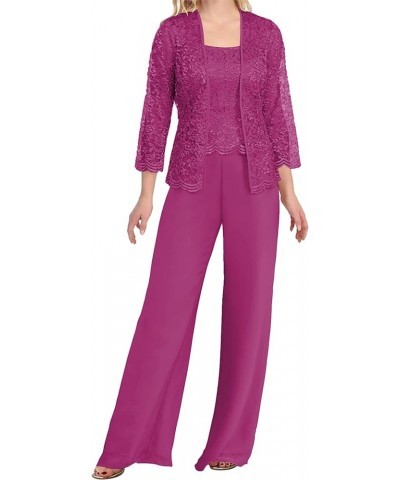 Mother of The Bride Pants Suits 3 Pieces Evening Formal Dresses for Wedding Guest Groom Dress Lace Jacket Women's Fuchsia $40...