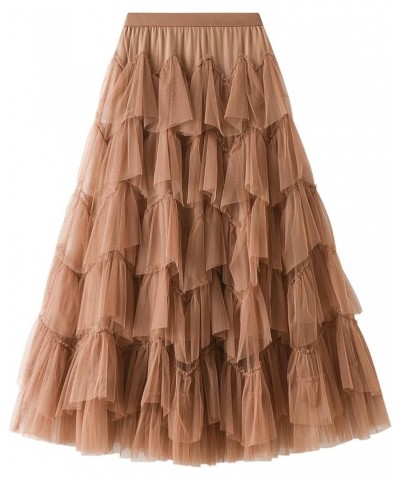 Women's Mesh Layered Midi Skirt Elastic High Waist A-Line Swing Tulle Tiered Tutu Skirts Cocktail Party Cake Skirt Mesh Khaki...