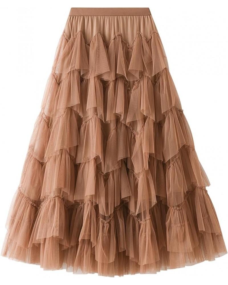 Women's Mesh Layered Midi Skirt Elastic High Waist A-Line Swing Tulle Tiered Tutu Skirts Cocktail Party Cake Skirt Mesh Khaki...