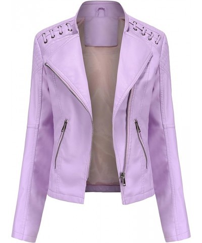 Womens Faux Leather Moto Jackets Oversized Zip Up Short Coat Fall Solid Color Biker PU Outwear Lapel Purple Pink $23.84 Jackets