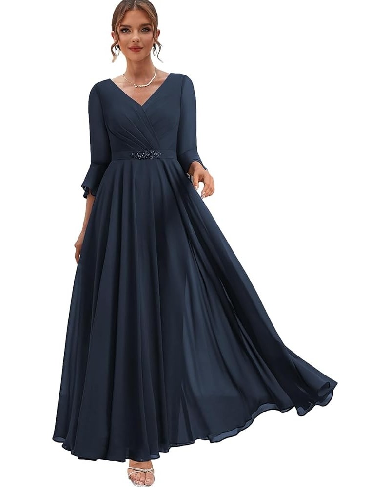 Women's Chiffon Mother of The Bride Dresses for Wedding V Neck Formal Dress Tea Length Evening Gown with Sleeves Navy Blue $3...