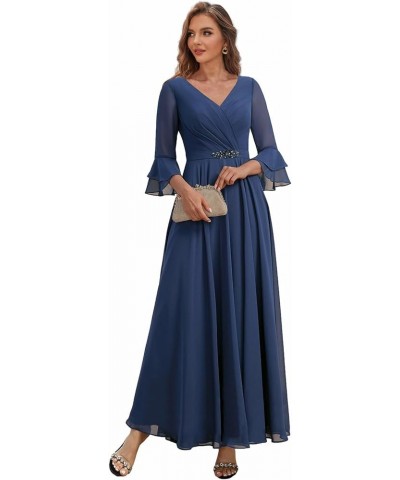 Women's Chiffon Mother of The Bride Dresses for Wedding V Neck Formal Dress Tea Length Evening Gown with Sleeves Navy Blue $3...