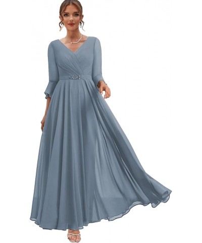 Women's Chiffon Mother of The Bride Dresses for Wedding V Neck Formal Dress Tea Length Evening Gown with Sleeves Navy Blue $3...