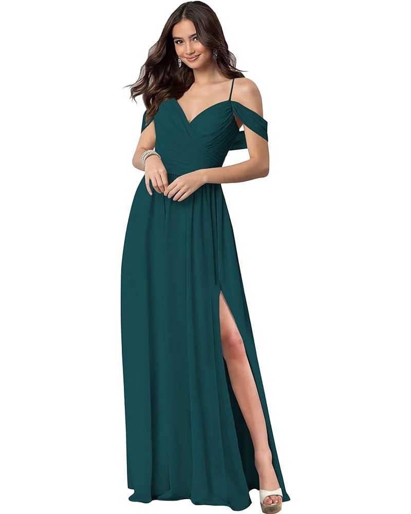 Women's Off Shoulder Bridesmaid Dresses Floor Length with Pockets A Line Chiffon Formal Dress Pleated Teal $29.89 Dresses