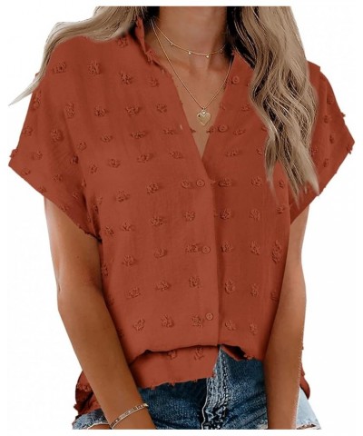 Womens Short Sleeve Shirts V Neck Collared Button Down Shirt Tops with Pockets Zy-brick Red $14.09 Blouses