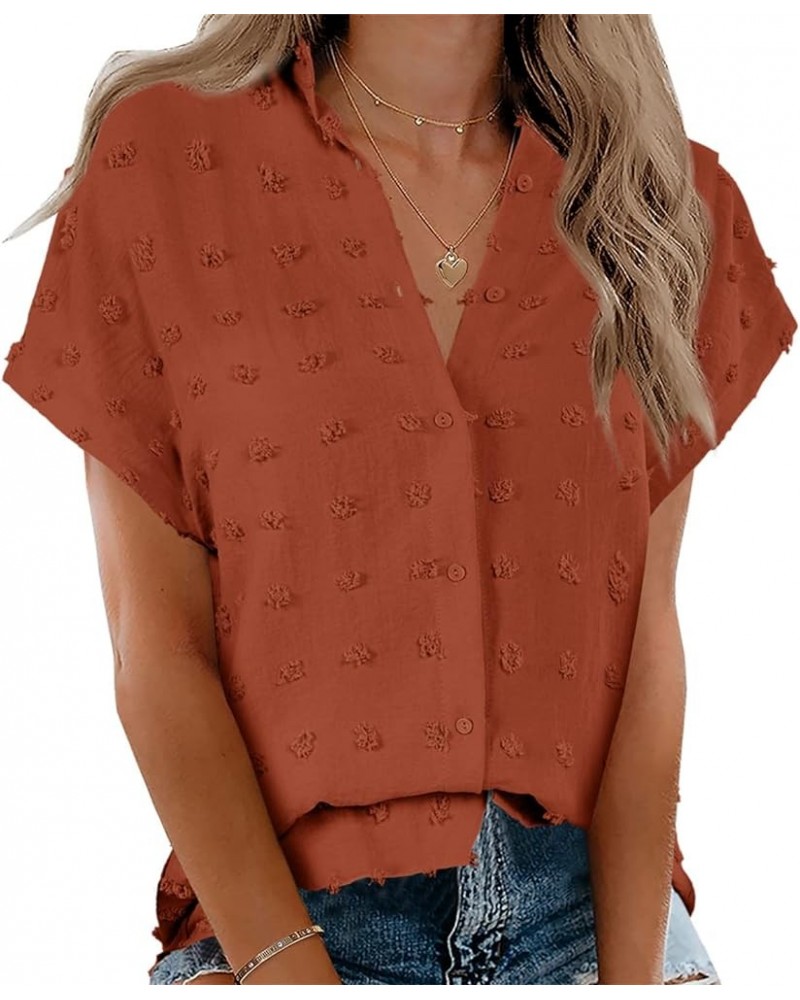 Womens Short Sleeve Shirts V Neck Collared Button Down Shirt Tops with Pockets Zy-brick Red $14.09 Blouses