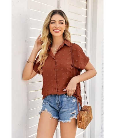 Womens Short Sleeve Shirts V Neck Collared Button Down Shirt Tops with Pockets Zy-brick Red $14.09 Blouses