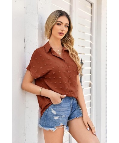 Womens Short Sleeve Shirts V Neck Collared Button Down Shirt Tops with Pockets Zy-brick Red $14.09 Blouses