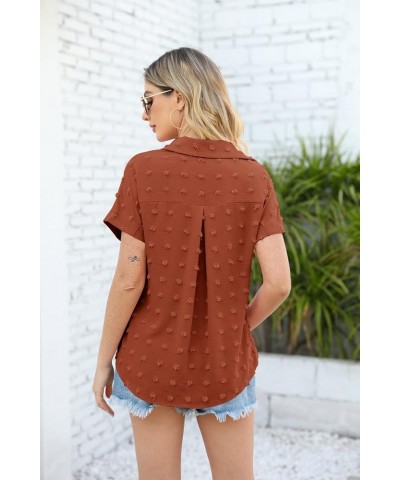 Womens Short Sleeve Shirts V Neck Collared Button Down Shirt Tops with Pockets Zy-brick Red $14.09 Blouses