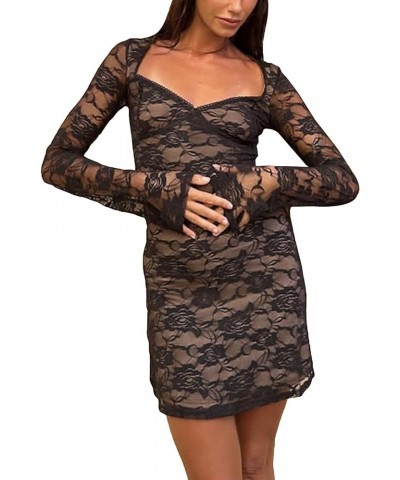 Women Lace Long Sleeve Bodycon Mini Dress Y2k Square Neck Low Cut Short Dress Sexy Cocktail Party Club Dress Floral Lace Blac...