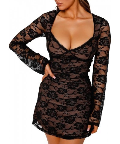 Women Lace Long Sleeve Bodycon Mini Dress Y2k Square Neck Low Cut Short Dress Sexy Cocktail Party Club Dress Floral Lace Blac...