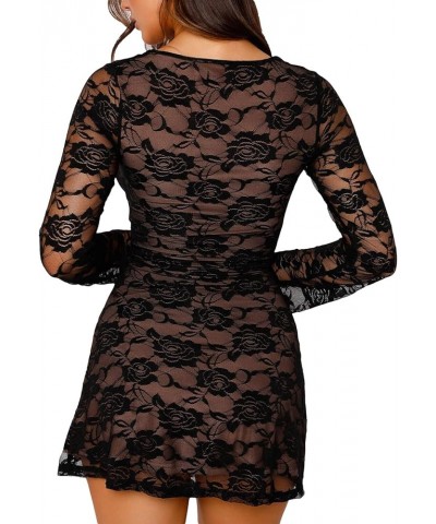 Women Lace Long Sleeve Bodycon Mini Dress Y2k Square Neck Low Cut Short Dress Sexy Cocktail Party Club Dress Floral Lace Blac...