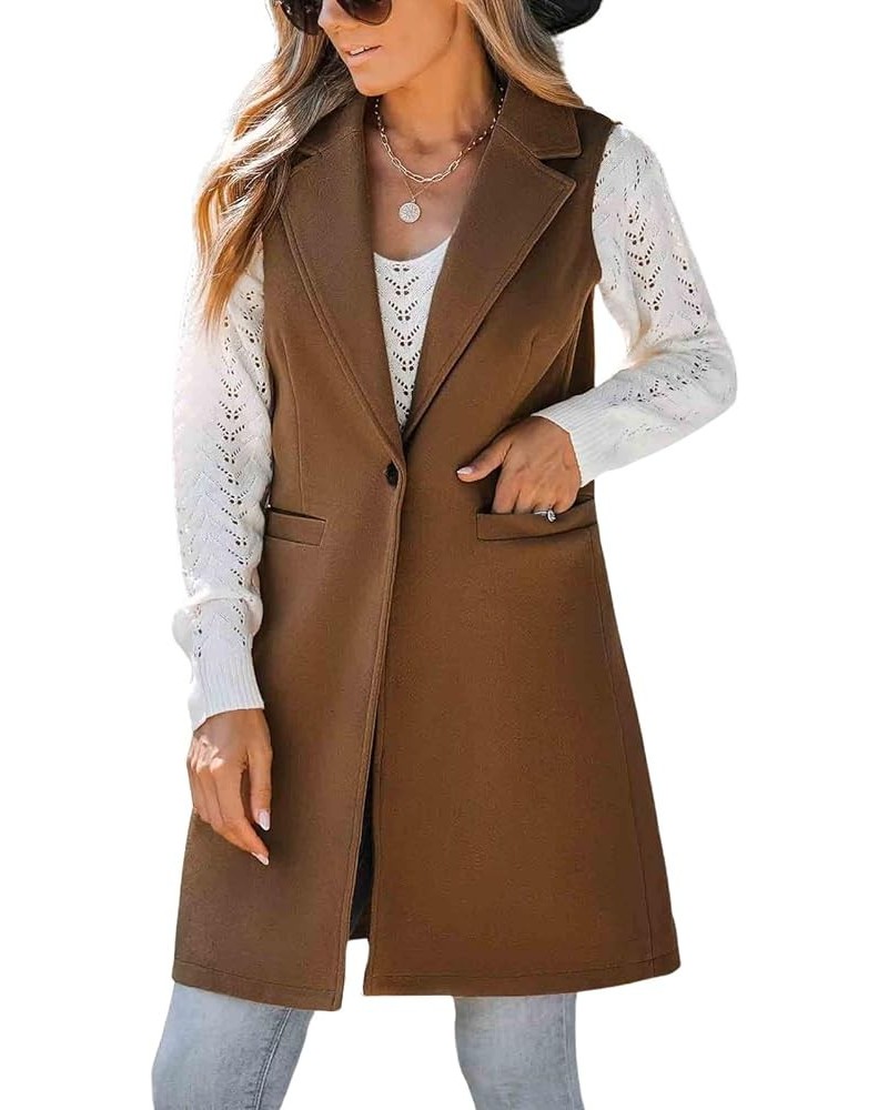 Women's Casual Notched Lapel Wool Blend Vest Western One Button Sleeveless Wool Blazer Jacket Coat Dark Brown $17.94 Vests