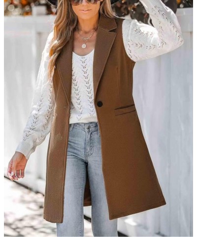 Women's Casual Notched Lapel Wool Blend Vest Western One Button Sleeveless Wool Blazer Jacket Coat Dark Brown $17.94 Vests